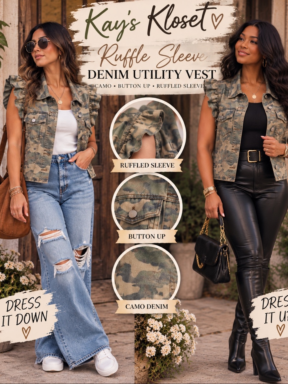 L9–💚🤎(SHIPPED) Ruffle-Sleeve Camouflage Utility Vest - Green Camo
